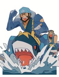 2boys ^_^ archie_(pokemon) bandana beard black_sclera blue_bandana blue_bodysuit bodysuit brown_hair clenched_hand closed_eyes colored_sclera cross_scar dark-skinned_male dark_skin diving_suit facial_hair gen_3_pokemon gold_necklace hand_up jewelry male_focus matt_(pokemon) multiple_boys muscular necklace nintendo open_mouth pokemon pokemon_(creature) pokemon_oras red_eyes riding riding_pokemon scar scar_on_face shark sharp_teeth sharpedo short_hair shuai_da smile splashing team_aqua teeth torn_bodysuit torn_clothes water wetsuit