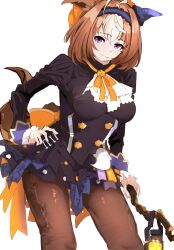 Rule 34 | 1girl, :3, animal ears, back bow, black corset, black dress, black pantyhose, blush, bow, bowtie, collar, commentary request, corset, cowboy shot, dress, ear covers, frilled collar, frilled sleeves, frills, ghost ornament, hairband, hand on own hip, high collar, highres, horse ears, horse girl, horse tail, jack-o&#039;-lantern ornament, juliet sleeves, lantern, long sleeves, meisho doto (dot-o&#039;-lantern) (umamusume), meisho doto (umamusume), multicolored hair, open mouth, orange bow, orange bowtie, pantyhose, puffy sleeves, purple eyes, short hair, simple background, single ear cover, solo, tail, two-tone hair, uki kumo, umamusume, white background, white hair