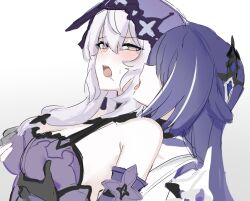 1yym 2girls acheron_(honkai:_star_rail) bare_shoulders black_gloves black_swan_(honkai:_star_rail) blush commentary detached_sleeves gloves grabbing_another&#039;s_breast grabbing_from_behind groping hashtag-only_commentary highres honkai:_star_rail honkai_(series) long_hair multiple_girls open_mouth purple_hair saliva saliva_trail simple_background tongue tongue_out veil white_background white_hair yuri
