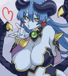 Rule 34 | 1girl, armor, armored dress, astaroth (shinrabanshou), black sclera, blowing kiss, blue hair, blue skin, breasts, cleavage, clothing cutout, colored sclera, colored skin, demon girl, demon horns, demon wings, dress, earrings, gold trim, heart, heart earrings, horns, jewelry, large breasts, long hair, nikakukei0, pointy ears, shinrabanshou, solo, upper body, wings, yellow eyes