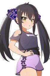 1girl black_hair black_shirt hair_ornament hair_ribbon hands_on_own_hips highres idolmaster idolmaster_cinderella_girls looking_at_viewer luilui_0525 matoba_risa purple_skirt ribbon shirt skirt twintails