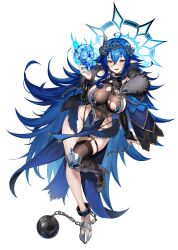 Rule 34 | 1girl, absurdres, ahoge, armored boots, ball and chain restraint, black bridal gauntlets, blue hair, blue nails, blue wings, blush, boots, breasts, bridal gauntlets, broken horn, brown eyes, chain, cleavage, collar, cuffs, earrings, feather boa, feathered wings, fire, flaming skull, hair between eyes, halo, high heel boots, high heels, highres, holding, holding skull, hominamia, horns, indie virtual youtuber, jewelry, large breasts, leotard, low wings, metal collar, navel, open mouth, oumiya emma, oumiya emma (2.0), pelvic curtain, pointy ears, second-party source, see-through cleavage, see-through clothes, see-through leotard, single thighhigh, skull, smile, solo, thighhighs, tiara, torn clothes, torn leotard, virtual youtuber, white background, wings