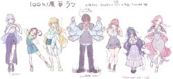 1boy 6+girls :3 ;) aijou_rentarou antenna_hair bandaid bandaid_on_knee bandaid_on_leg bare_legs blonde_hair blush braid braided_bangs casual cheek_squash clenched_teeth commentary_request eiai_nano extra_arms finger_heart four-finger_heart_hands grey_hair hanazono_hahari hanazono_hakari heart heart_hands high-waist_skirt highres inda_karane kimi_no_koto_ga_dai_dai_dai_dai_daisuki_na_100-nin_no_kanojo long_hair looking_at_viewer multiple_girls one_eye_closed overall_skirt pink_hair red_hair side_slit simple_background sketch skirt smile teeth thigh_strap translation_request v-shaped_eyebrows very_long_hair white_background yakuzen_kusuri yano_akane yoshimoto_shizuka
