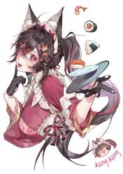 Rule 34 | 1girl, absurdres, animal ear fluff, animal ears, apron, black gloves, black hair, character name, chibi, chibi inset, commission, cropped torso, crossed bangs, finger to mouth, fish (food), food, food-themed hair ornament, gloves, gunkanmaki, hair between eyes, hair intakes, hair ornament, highres, kako (pixiv77158173), long hair, looking at viewer, maid, maid apron, maid headdress, makizushi, multicolored hair, multiple views, nigirizushi, onigiri, open mouth, original, pink eyes, plate, red hair, shrimp, sushi, tray, two-tone hair, very long hair, wa maid