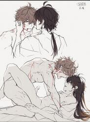 Rule 34 | 2boys, alternate hairstyle, blood, caressing cheek, caressing hair, fimbulapidis, genshin impact, greyscale, highres, leg lock, legs around partner&#039;s hips, long hair, missionary, monochrome, multiple boys, poipiku (website), r-18, sex, tartaglia (genshin impact), vampire, white background, yaoi, zhongli (genshin impact)