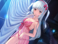 1girl alarm_clock babydoll bare_arms bare_shoulders blush bow breasts brown_eyes cleavage clock collarbone commentary_request curtain_grab curtains frills hair_bow hairband hand_up indoors kamome_yuu long_hair looking_at_viewer medium_breasts night original panties parted_lips pink_panties red_bow red_hairband see-through_curtains silver_hair solo standing transparent two_side_up underwear underwear_only very_long_hair window