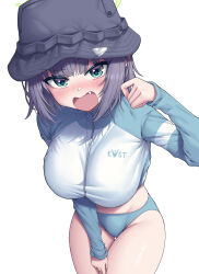 1girl bare_legs bikini black_hat blue_archive blue_bikini blue_jacket blush breasts commentary cropped_jacket fang green_eyes hair_between_eyes hat highres jacket korean_commentary large_breasts looking_at_viewer medium_hair metaljelly official_alternate_costume open_mouth purple_hair revision saki_(blue_archive) saki_(swimsuit)_(blue_archive) sidelocks swimsuit thick_thighs thighs wide_hips