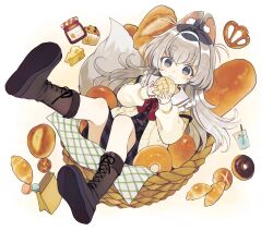 Rule 34 | 1girl, absurdres, animal ear fluff, animal ears, bag, baguette, boots, bow, bowtie, bread, brown boots, cardigan, closed mouth, commission, croissant, cup, donut, dress, drinking straw, eating, food, fox girl, full body, grey eyes, grey hair, hair bow, hairband, highres, holding, holding food, kurodeko, lace-up boots, legs up, long hair, long sleeves, looking at viewer, melon bread, open cardigan, open clothes, original, paper bag, plaid, red bow, sailor collar, shoe soles, short eyebrows, signature, simple background, sitting, skeb commission, sleeves past wrists, smile, solo, squirrel (jjjjmmn err), tail, thank you, thick eyebrows, very long hair, white background, white sailor collar, yellow cardigan
