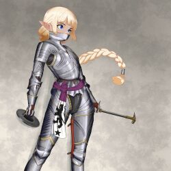 1girl absurdres armor bevor blonde_hair blue_eyes boagnnnnnnn braid braided_ponytail buckler chainmail commentary cuirass elf english_commentary gauntlets gothic_plate_armor greaves grey_background highres long_hair looking_to_the_side original pauldrons plate_armor pointy_ears shield shoulder_armor solo standing very_long_hair war_hammer weapon