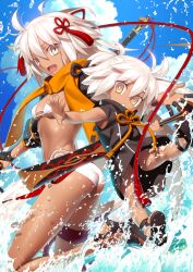 2girls :d age_difference ahoge armor ass bikini black_coat black_sandals black_shrug blue_background blue_sky breasts breasts_apart bright_pupils child chinese_knot cloud coat day dynamic_pose fate/grand_order fate_(series) finger_cots game_cg grey_eyes hair_between_eyes hair_ornament height_difference holding holding_sheath holding_sword holding_weapon huge_weapon japanese_armor kote kurokote leg_up long_sleeves looking_at_viewer medium_breasts midair multi-strapped_bikini_bottom multi-strapped_bikini_top multiple_girls official_art okita_souji_(fate) okita_souji_alter_(swimsuit_saber)_(fate) okita_souji_alter_(swimsuit_saber)_(first_ascension)_(fate) open_mouth orange_scarf outstretched_arms partially_submerged platform_sandals puffy_long_sleeves puffy_sleeves rengoku_(fate) rengoku_(sword)_(fate) sandals scarf sheath short_hair shrug_(clothing) sidelocks sky sleeveless sleeveless_coat smile splashing swimsuit sword takeuchi_takashi tassel thigh_strap third-party_source twisted_torso underboob water weapon white_bikini white_pupils yellow_eyes