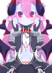 1girl absurdres armored_gloves armored_skirt asmodeus_(eco) blue_skin breasts cleavage colored_skin demon_girl demon_horns demon_wings detached_sleeves elbow_gloves emil_chronicle_online gloves highres horns large_breasts looking_at_viewer midriff navel pink_hair pointy_ears red_eyes white_background wings yuzujampot