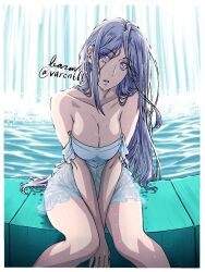 1girl bare_shoulders baron_(varon666) breasts cleavage collarbone fuuto_tantei kamen_rider kamen_rider_w large_breasts long_hair looking_at_viewer purple_eyes purple_hair sitting solo tokime_(fuuto_tantei) varon water wet