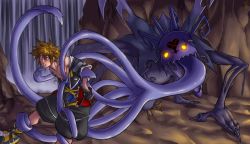 1boy brown_hair fingerless_gloves gloves heartless kingdom_hearts kingdom_hearts_ii male_focus monster monster_on_male purple_tentacles rape sora_(kingdom_hearts) tentacles tentacles_on_male tentacles_under_clothes tongue undressing