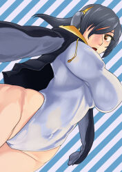 1girl black_gloves black_hair black_hoodie black_mittens blue_background breasts brown_eyes covered_erect_nipples emperor_penguin_(kemono_friends) gloves hair_over_one_eye headphones highres hood hoodie kemono_friends large_breasts leotard long_hair long_sleeves looking_at_viewer mittens open_clothes open_hoodie open_mouth penguin_girl standing striped_background temushi_(tmsanai) white_leotard wide_hips