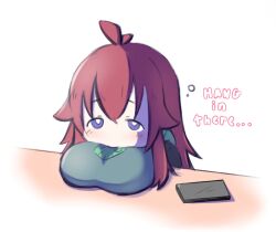 1girl ahoge antenna_hair blue_eyes book breasts chbi_only chibi green_sweater large_breasts light_blush long_hair looking_at_viewer mad_mex original pale_skin pout red_hair solo sweater table