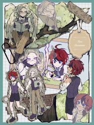 2boys absurdres aged_down ahoge alternate_universe anger_vein ant aotsuki_eito black_gloves black_shoes black_streaks black_vest blue_eyes book bow bowtie brown_pants bug english_text feathered_wings feathers glasses gloves grey_bow grey_bowtie grey_hair grey_necktie head_rest highres holding holding_book holding_hands holding_magnifying_glass insect jacket light_blush magnifying_glass male_focus mizongwenwu multicolored_hair multiple_boys multiple_views necktie pants paperclip photo_(object) red_hair shirt shoes short_hair sitting_on_branch smile star-shaped_pupils star_(symbol) streaked_hair sumino_takumi symbol-shaped_pupils tape the_hundred_line_-last_defense_academy- vest white_shirt white_wings wings