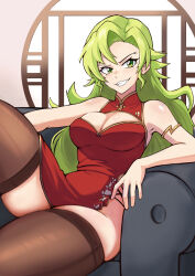 1girl bare_shoulders black_thighhighs bleach bleach:_brave_souls breasts candice_catnipp chinese_clothes cleavage cleavage_cutout clothing_cutout couch female_focus green_eyes green_hair grin gustaflowart indoors leg_up long_hair medium_breasts quincy_(bleach) shiny_skin sitting smile sternritter teeth thighhighs thighs
