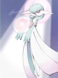 bob_cut colored_skin dress energy_ball gardevoir gen_3_pokemon green_hair green_skin heart multicolored_skin narumiya_pkmn nintendo open_mouth pink_eyes pokemon pokemon_(creature) signature smile two-tone_skin white_dress white_skin