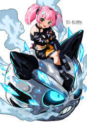 1girl :d absurdres artist_name belt black_shirt black_shoes black_skirt commentary_request coral_(pokemon) crossed_arms dot_(yo_roppa) eyelashes fang gen_3_pokemon glalie green_eyes hair_ornament highres long_sleeves looking_at_viewer nintendo off-shoulder_shirt off_shoulder open_mouth pink_hair pokemon pokemon_(anime) pokemon_(creature) pokemon_horizons riding riding_pokemon shirt shoes skirt smile twintails white_background yellow_belt