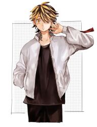 1boy arm_up bell black_hair black_pants black_shirt blonde_hair cowboy_shot earrings hand_in_pocket hanemiya_kazutora jacket jewelry long_sleeves male_focus mole mole_under_eye multicolored_hair neck_tattoo pants shirt short_hair single_earring solo standing tattoo tokyo_revengers tonshi two-tone_hair white_background white_jacket yellow_eyes