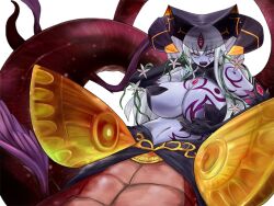 1girl alipheese_fateburn_xv angry arm_on_own_head breasts chest_jewel cleavage colored_skin facial_tattoo flower game_cg gem gold_trim hair_between_eyes hair_tattoo hair_vines halterneck huge_breasts lamia large_horns large_tail long_hair low_wings mon-musu_quest! mon-musu_quest:_paradox monster_girl narrowed_eyes navel non-web_source nose open_mouth purple_lips purple_skin purple_wings red_gemstone red_scales solo tail tattoo un_do variant_set veil white_hair winged_tail wings yellow_eyes yellow_wings
