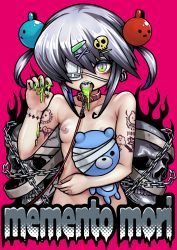 1girl absurdres arm_tattoo bags_under_eyes bdsm blue_hair breasts chain collar drooling earrings eyeball eyepatch female_focus green_eyes hair_ornament hairclip halftone highres holding holding_stuffed_toy jewelry leash loli multicolored_hair nipple_piercing nipples nude original piercing pink_background shibata_ico silver_hair skull skull_hair_ornament slime solo stuffed_animal stuffed_toy tattoo teddy_bear two-tone_hair two_side_up
