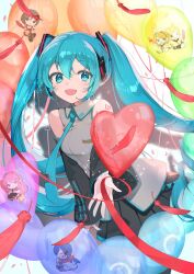 1girl absurdres armpit_crease balloon black_skirt black_sleeves blue_hair blush collared_shirt confetti detached_sleeves feathers hair_between_eyes hatsune_miku heart_balloon hieno_hiro highres kagamine_len kagamine_rin kaito_(vocaloid) long_hair megurine_luka meiko_(vocaloid) offering_hand open_mouth red_feathers red_ribbon red_tattoo ribbon shirt shoulder_tattoo skirt sleeveless sleeveless_shirt tattoo twintails vocaloid white_background wing_collar