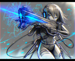 1girl backpack bag blue_electricity blue_eyes bodysuit directed-energy_weapon electricity embers energy energy_beam energy_gun energy_ring energy_rings energy_weapon facing_viewer female_focus firing gia gloves glowing headset holding holding_weapon magnetic_weapon original plasma_gun plasma_railgun railgun science_fiction short_hair signature solo spot_color weapon