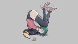 1girl ahoge ass bent_back black_jacket black_shorts black_thighhighs blue_hair breasts collarbone collared_jacket commentary curled_fingers drawpile_(medium) english_commentary expressionless eyebrows_hidden_by_hair feet_up fish_hair_ornament flipped_hair full_body grey_background hair_ornament hair_over_one_eye half-closed_eyes jacket long_eyelashes looking_at_viewer on_ground open_clothes open_jacket original outstretched_arms pink_shirt pink_shoes shirt shirt_tucked_in shoes short_hair short_shorts shorts simple_background sketch sleeves_rolled_up small_breasts sneakers solo spread_arms thick_eyelashes thighhighs thighs top-down_bottom-up upside-down vertigris yellow_eyes