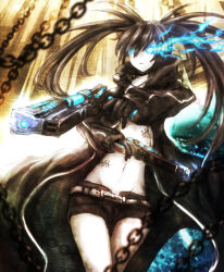 1girl artist_request black_rock_shooter black_rock_shooter_(character) chain gun navel scar stitches tagme weapon