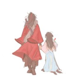 Rule 34 | 1boy, 1girl, absurdres, black hair, black hanfu, black shoes, blue hanfu, boots, brown hair, chinese clothes, chinese commentary, coat, dao gui yi xian, dress, facing away, food, from behind, full body, hair bun, hair ribbon, half updo, hanfu, highres, holding, holding food, holding hands, li huowang, li sui (princess anping), long hair, long sleeves, monster girl, red coat, red ribbon, ribbon, robe, shoes, shuangyaji, simple background, single hair bun, sketch, sword, sword on back, tanghulu, tentacles, walking, weapon, weapon on back, white background, wide sleeves, yangnan927