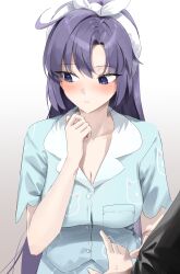 1girl 1other absurdres averting_eyes blue_archive blue_eyes blue_hair blue_pajamas blush breasts cleavage closed_mouth commentary gradient_background highres large_breasts long_hair looking_to_the_side nonoa official_alternate_costume official_alternate_hairstyle pajamas pointing pointing_at_another upper_body yuuka_(blue_archive) yuuka_(pajamas)_(blue_archive)