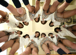 6+girls asian black_hair black_socks clothes_lift female_pubic_hair from_below japanese_(nationality) jav legs looking_at_viewer lowres model multiple_girls pornography pornstar pubic_hair pussy real_life school_uniform showgirl_skirt skirt skirt_hold skirt_lift smile socks tagme thighs upskirt