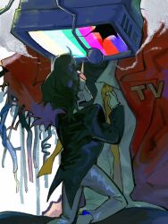 2boys ant_tenna black_hair bourbonciely cable commentary cracked_screen crt deltarune english_commentary highres humanoid_robot jacket male_focus mechabare missing_limb multiple_boys necktie object_head pants pointy_nose red_jacket robot shirt short_hair size_difference spamton_g._spamton torn_clothes torn_jacket undone_necktie white_pants white_shirt