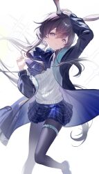 Rule 34 | 1girl, absurdres, amiya (arknights), animal ears, arknights, arm up, ascot, black coat, black pantyhose, blue eyes, brown hair, closed mouth, coat, commentary, commentary request, english commentary, hair between eyes, highres, jewelry, knees together feet apart, long hair, long sleeves, looking at viewer, miniskirt, mixed-language commentary, multiple rings, open clothes, open coat, pantyhose, plaid clothes, plaid skirt, pleated skirt, purple ascot, purple coat, purple skirt, ring, skirt, smile, solo, sparkle, standing, sweater, two-sided coat, two-sided fabric, very long hair, white background, white sweater, xianyusixu