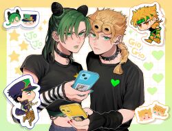 1girl 3boys :3 arm_warmers barbell_piercing black_arm_warmers black_hair black_shirt blonde_hair blue_nails blue_outline border brown_eyes cellphone chain character_name chibi chibi_inset collar crop_top dio_brando ear_piercing earrings english_text eyelashes father_and_daughter father_and_son giorno_giovanna glowing green_eyes green_hair green_lips grid_background hat headband heart highres holding holding_phone industrial_piercing jacket jewelry jojo_no_kimyou_na_bouken komiya_harumoto kuujou_jolyne kuujou_joutarou leotard lipstick long_hair looking_at_another looking_at_viewer makeup medium_hair midriff multicolored_hair multiple_boys multiple_earrings orange_outline outline outside_border pants phone piercing purple_jacket red_eyes red_nails shirt short_hair smartphone spiked_collar spikes star_(symbol) stardust_crusaders sticker stone_ocean strap striped_arm_warmers t-shirt torn_clothes torn_shirt two-tone_hair vento_aureo white_arm_warmers white_outline white_shirt yellow_pants