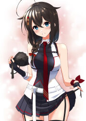 1girl absurdres ahoge belt black_bra black_garter_straps black_hair black_panties black_shirt black_skirt black_thighhighs blue_eyes bra braid breasts chest_harness cowboy_shot garter_straps hair_between_eyes hair_flaps hair_over_shoulder harness highres holding holding_bra holding_unworn_clothes holding_underwear holding_unworn_clothes kantai_collection long_hair looking_at_viewer medium_breasts miniskirt necktie open_bra panties pleated_skirt red_necktie removing_bra removing_bra_under_shirt shiba_(zudha) shigure_(kancolle) shigure_kai_san_(kancolle) shirt side-tie_panties single_braid skirt sleeveless sleeveless_shirt solo standing thighhighs two-tone_shirt underwear unworn_bra white_belt white_shirt