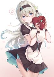 1girl absurdres alternate_costume apron black_corset blush box box_of_chocolates breasts candy chocolate chocolate_heart closed_mouth commentary_request corset dress firefly_(honkai:_star_rail) food frilled_apron frilled_dress frilled_sleeves frills grey_hair hair_between_eyes hair_ornament hamuhaoyo heart heart-shaped_box heart-shaped_food highres holding holding_box honkai:_star_rail honkai_(series) large_breasts long_hair looking_at_viewer maid maid_apron partial_commentary pink_eyes ribbon smile solo speech_bubble spoken_heart thighs waist_apron white_apron wrist_ribbon
