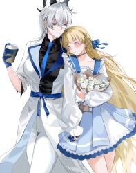 2girls absurdres black_choker black_shirt blonde_hair blue_dress blue_gloves blue_necktie bouquet choker closed_mouth coat collared_shirt commentary cup disposable_coffee_cup disposable_cup dress earrings english_commentary flower gloves head_on_another&#039;s_shoulder highres holding holding_bouquet holding_cup holding_hands hoop_earrings horns interlocked_fingers jewelry lawson long_hair looking_at_another looking_at_viewer multiple_girls necktie official_alternate_costume pants parted_lips phoebe_(wuthering_waves) purple_eyes red_eyes shirt simple_background smile sofi_(sefiiru) two-tone_dress white_background white_coat white_dress white_flower white_hair white_pants wuthering_waves yuri zani_(wuthering_waves)