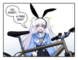 1girl :d animal_bag animal_ear_hairband animal_ears bicycle black_choker black_hairband black_nails black_skirt black_streaks blue_eyes blue_shirt border bow breasts bright_pupils choker commentary double-parted_bangs english_commentary english_text fake_animal_ears fang hairband high-waist_skirt highres long_hair long_sleeves looking_at_viewer merryweather multicolored_hair open_mouth original rabbit_bag rabbit_ear_hairband rabbit_ears ryuuxin sally_sinclair shirt skirt smile solo sparkle speech_bubble streaked_hair talking two_side_up white_background white_bag white_border white_bow white_hair white_pupils