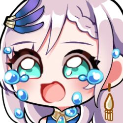 Rule 34 | 1girl, crying, earrings, emoji, green eyes, hololive, hololive indonesia, jewelry, pavolia reine, virtual youtuber, white hair