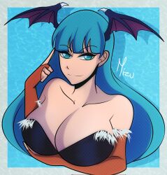 Rule 34 | 1girl, bare shoulders, breasts, bridal gauntlets, capcom, cleavage, cleavage cutout, clothing cutout, collarbone, darkstalkers, demon girl, green eyes, green hair, head wings, highres, kapomizuki, large breasts, long hair, morrigan aensland, solo, tagme, upper body, wings