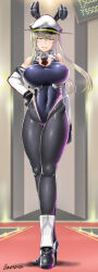 Rule 34 | 1girl, adapted costume, animal ears, ascot, black gloves, black one-piece swimsuit, black pantyhose, blonde hair, blurry, breasts, cleavage, competition swimsuit, corset, cross, depth of field, detached sleeves, full body, gloves, graf zeppelin (kancolle), grey eyes, hair between eyes, hand on own hip, hat, highres, indoors, iron cross, kantai collection, large breasts, leotard, long hair, looking at viewer, necktie, one-piece swimsuit, open mouth, pantyhose, pantyhose under swimsuit, peaked cap, plant, playboy bunny, playboy bunny swimsuit, pool, rabbit ears, saizu nitou gunsou, shrug (clothing), sidelocks, solo, standing, strapless, strapless leotard, swimsuit, tsurime, twintails, twitter username, two-tone ascot, white hat