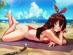 Rule 34 | !, 1girl, absurdres, amber (genshin impact), barefoot, beach, beach towel, bikini, bikini tan, bird, blush, bow (weapon), breasts, brown hair, cloud, crossed bangs, day, genshin impact, grin, hair between eyes, highres, letro, long hair, looking at viewer, lying, medium breasts, mountain, ocean, on stomach, palm tree, red bikini, red eyes, sand, signature, sky, slime (genshin impact), smile, string bikini, swimsuit, tan, tanline, towel, tree, weapon