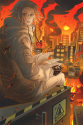 1boy absurdres animal_print aotsuki_eito ashes black_gloves book building city company_name drawstring eclipse falling film_grain fire from_behind glasses gloves grey_hair heart highres holding holding_book image_in_speech_bubble jacket looking_at_viewer male_focus pants purple_eyes rabbit_print short_hair sign signature sirei_(hundred_line) sitting skyscraper sleeve_pouch smile smoke solo spoilers suicide sunset the_hundred_line_-last_defense_academy- tomato warning_sign white_jacket white_pants xinjinjumin839286500137 zipper
