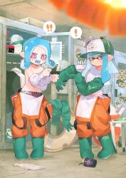 ! 2girls baseball_cap blue_hair blue_tongue boots breasts bright_pupils closed_mouth colored_tongue commentary cup disposable_cup elbow_gloves fangs full_body fuzuki_fuuro gloves green_boots green_gloves green_hat grey_eyes hat highres inkling inkling_girl inkling_player_character jumpsuit lifebuoy locker locker_room long_hair looking_at_viewer medium_hair multiple_girls navel nintendo octoling octoling_girl octoling_player_character open_mouth orange_jumpsuit panties parted_bangs pink_eyes pink_panties polka_dot polka_dot_panties purple_panties rubber_boots rubber_gloves salmon_run_(splatoon) shirt shoes small_breasts speech_bubble splatoon_(series) splatoon_2 spoken_exclamation_mark standing sticker stomach sweat swim_ring symbol-only_commentary tentacle_hair topless_female two-tone_panties underwear undressing unworn_gloves unworn_hat unworn_headwear unworn_shoes walk-in white_panties white_pupils white_shirt