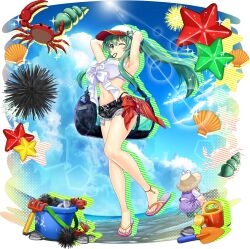2girls alternate_costume alternate_hairstyle aqua_nails armpits bag bag_charm baseball_cap beach belt bikini bikini_top_only black_shorts blue_sky breasts brown_hat bucket charm_(object) cloud crab day duffel_bag feet frog_hat_ornament game_cg glint green_eyes green_hair hair_tie_in_mouth hat highres kochiya_sanae large_breasts lens_flare long_hair looking_at_viewer micro_shorts midriff moriya_suwako mouth_hold multiple_girls nail_polish navel ocean official_art one_eye_closed ponytail purple_skirt purple_vest rotte_(1109) sand sea_urchin seashell shell shorts skirt skirt_set sky snake squatting star_(symbol) swimsuit thighs third-party_source toenail_polish toenails toes touhou touhou_lostword transparent_background very_long_hair vest watering_can white_bikini white_hat