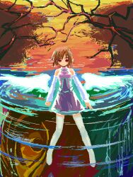 1girl :| archived_source bare_shoulders brown_hair closed_mouth detached_sleeves dress iska jaggy_lines long_sleeves looking_at_viewer no_nose original partially_submerged purple_dress red_eyes short_hair solo split_mouth spread_wings straight-on thighhighs water white_sleeves white_thighhighs white_wings wings zettai_ryouiki