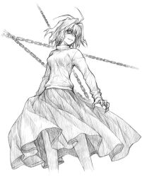 1girl antenna_hair arcueid_brunestud arcueid_fgo breasts chain fingernails graphite_(medium) greyscale long_fingernails long_skirt long_sleeves looking_to_the_side medium_breasts melty_blood monochrome red_arcueid short_hair skirt smile solo sweater traditional_media tsukihime turtleneck vampire