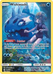 1girl artist_name blue_eyes blue_hair card_(medium) character_name closed_mouth company_name copyright_name copyright_notice english_text fish gen_7_pokemon hairband hashimoto_misaki lana_(pokemon) nintendo official_art one-piece_swimsuit pokemon pokemon_(creature) pokemon_card pokemon_sm pokemon_tcg short_hair smile swimming swimsuit third-party_source trading_card underwater wishiwashi wishiwashi_(school) wishiwashi_(solo) yellow_hairband